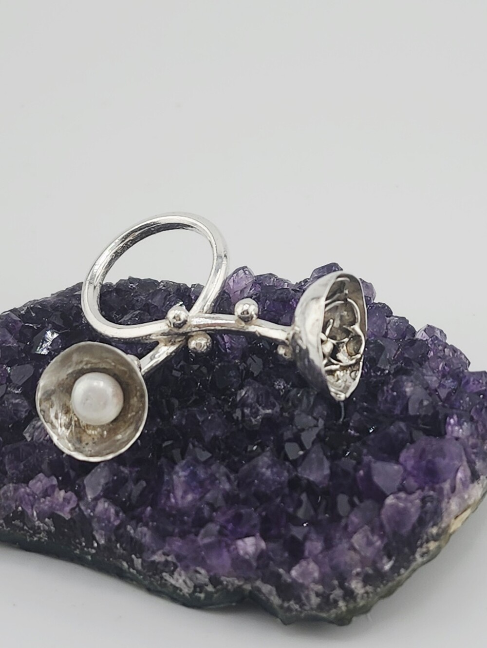 UNIQUE 2 FLOWER POT RING HANDMADE WITH STERLING SILVER AN A PEARL SIZE 8 - Picture 6 of 16